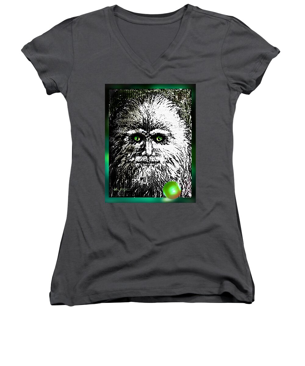 Bigfoot Women's V-Neck featuring the drawing Legendary Bigfoot by Hartmut Jager