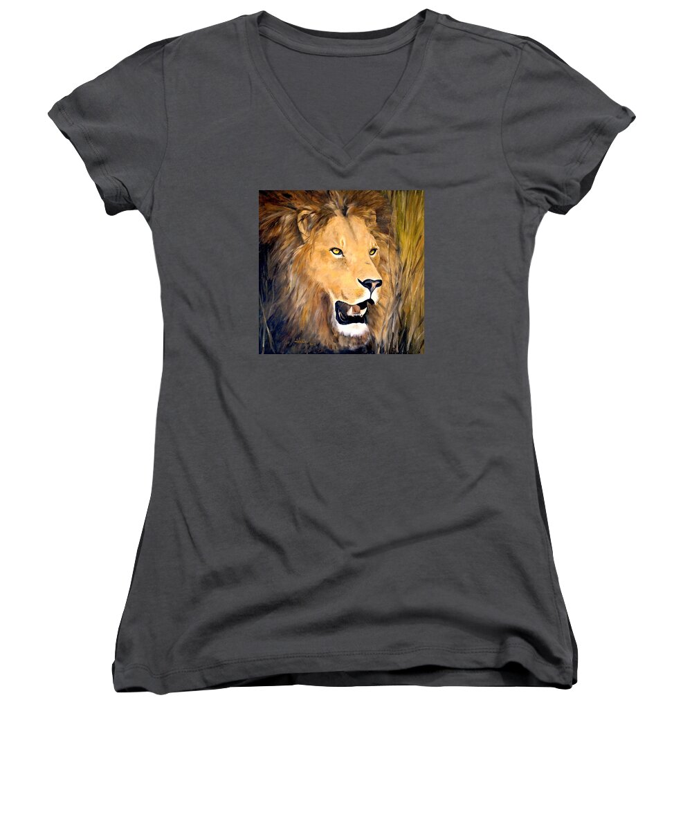 African Art Women's V-Neck featuring the painting Leo by Alan Lakin
