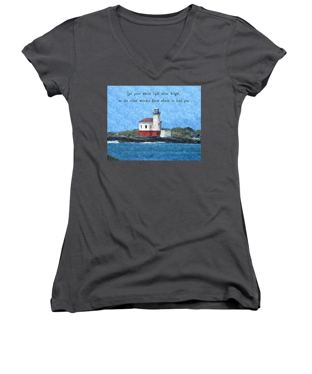 Lighthouse Women's V-Neck featuring the photograph Let your weird light shine bright by Anthony Murphy