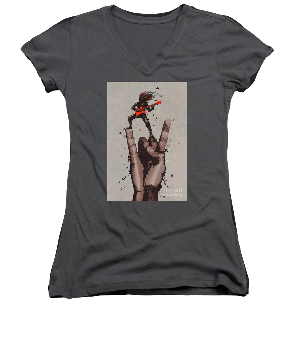 Rock And Roll Women's V-Neck featuring the painting Let's Rock by Tithi Luadthong
