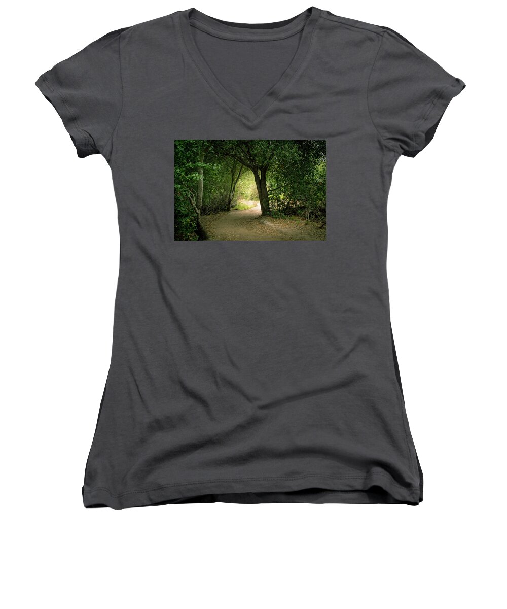 Trees Women's V-Neck featuring the photograph Light Through The Tree Tunnel by Alison Frank