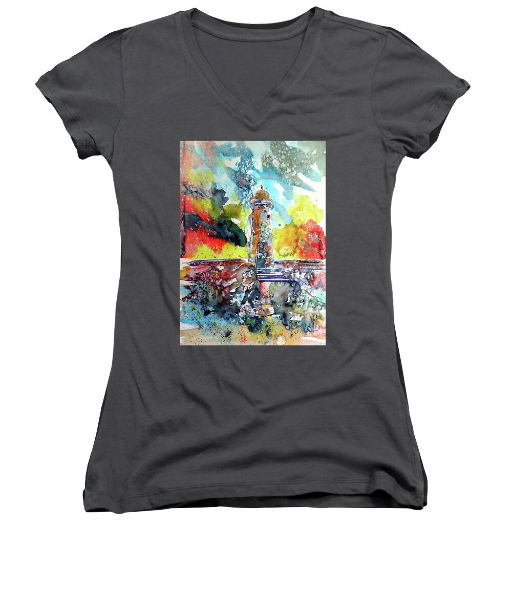 Lighthouse Women's V-Neck featuring the painting Lighthouse after storm by Kovacs Anna Brigitta