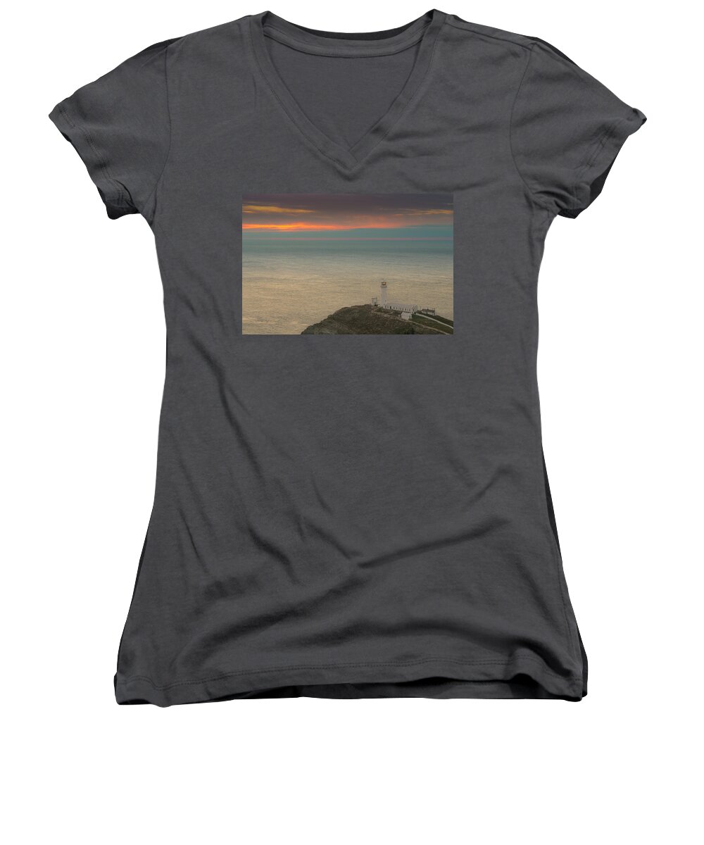 Anglesey Women's V-Neck featuring the photograph Lighthouse at Sunset,South Stack, Anglesey,North Wales by Andy Astbury