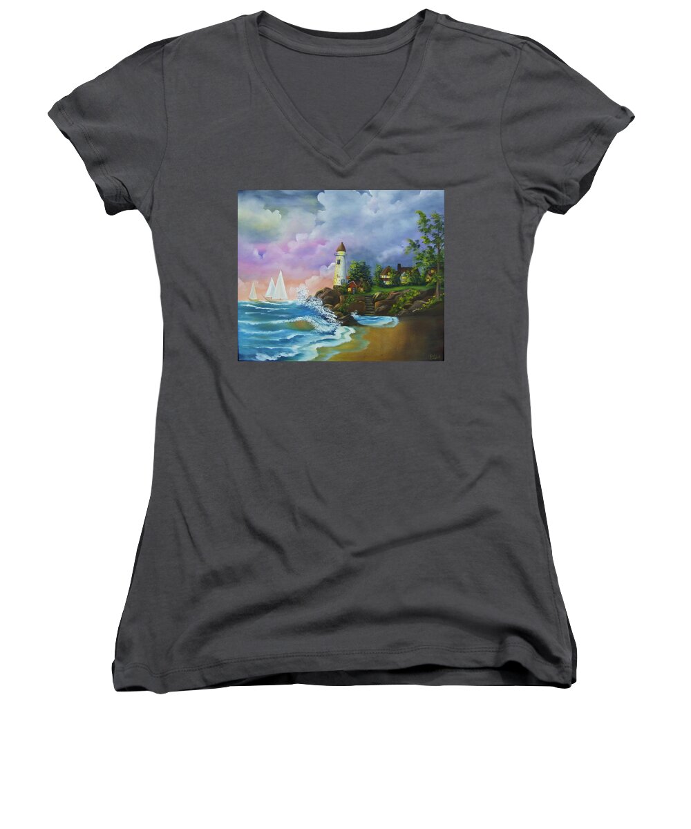 Lighthouse Women's V-Neck featuring the painting Lighthouse by the Village by Debra Campbell