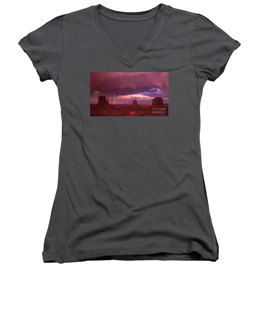 Lightning Women's V-Neck featuring the photograph Lightning and Rainbow by Mark Jackson