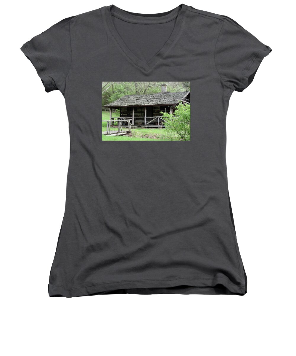 Cabin Women's V-Neck featuring the photograph Lil Cabin Home On The Hill by Melissa Mim Rieman