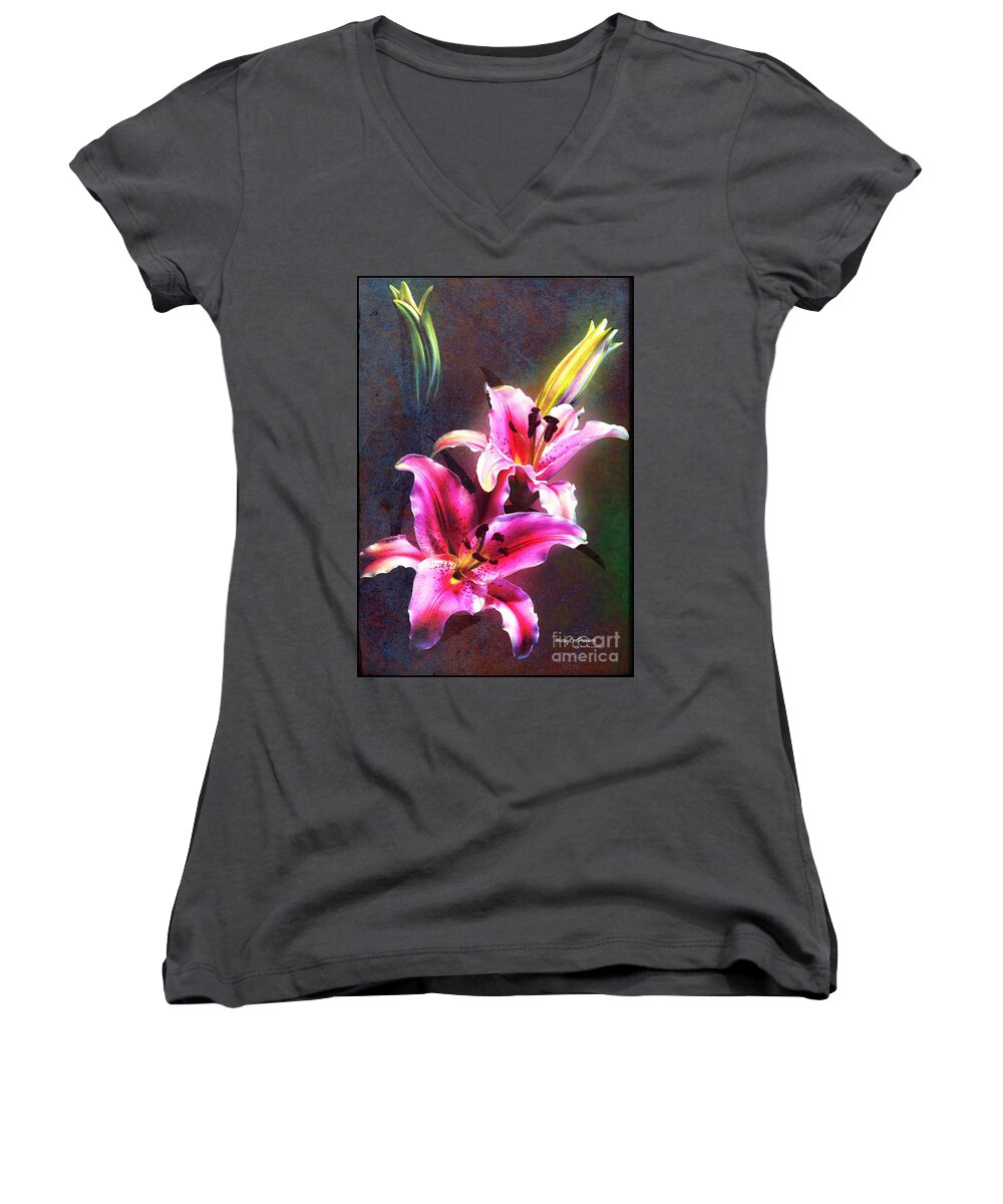 #flowers#lilies #photograph # Texture #background # Dark #colors # Pink#yellow # Green # Mixmedia #!canvas# Framed #print# Poster # Metal # Pillow # Pouch # Mug # Weekend Bag #tote Bag# Duvet Cover # Shower Curtain # Phone Case # Phone Battery Case # Yoga Mat # Beach Towel # T Stirt # Greeting Card Women's V-Neck featuring the mixed media Lilies At Night by MaryLee Parker