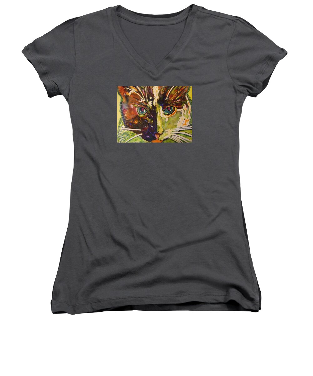Cat Women's V-Neck featuring the painting Lilly by Kim Shuckhart Gunns