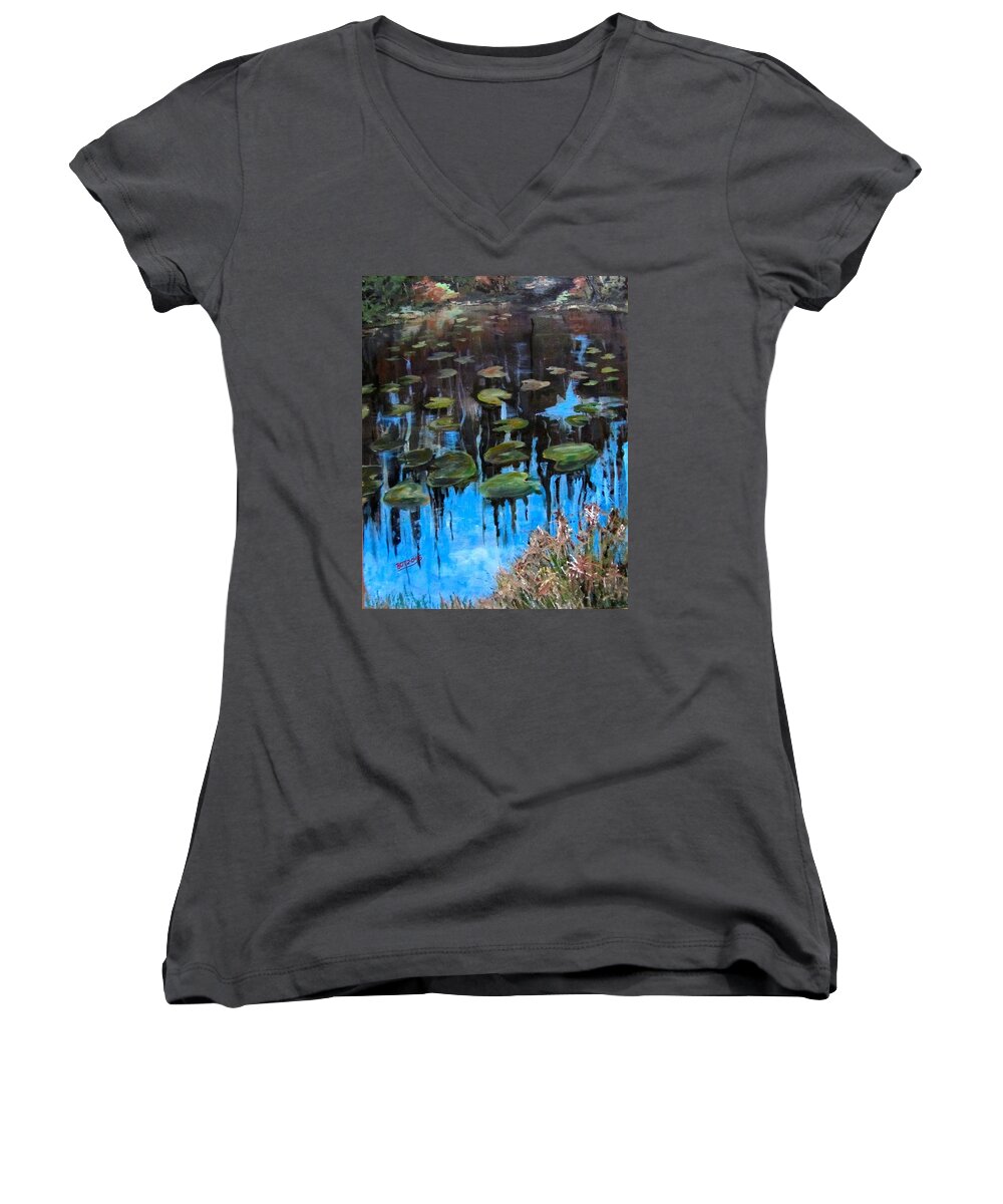 Acrylic Women's V-Neck featuring the painting Lilly Pads and Reflections by Barbara O'Toole