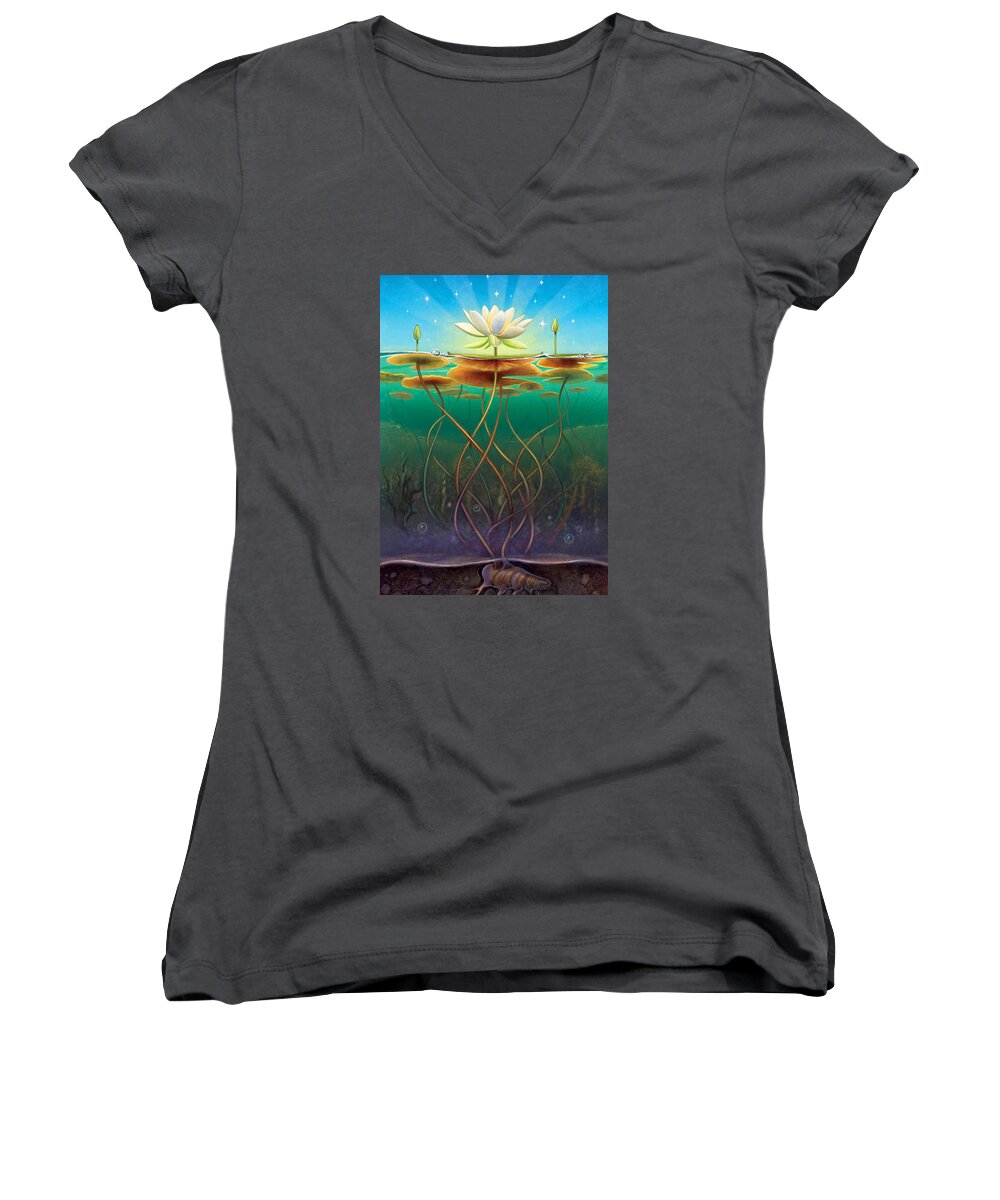 Water Lily Women's V-Neck featuring the mixed media Water Lily - Transmute by Anne Wertheim