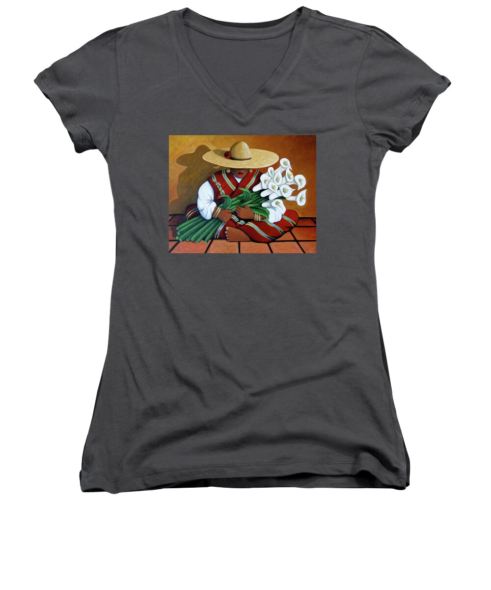 Contemporary Native American Art Women's V-Neck featuring the painting Lily Woman by Lance Headlee