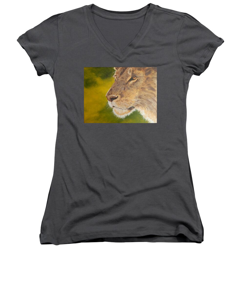 Lion Women's V-Neck featuring the painting Lion portrait by John Neeve