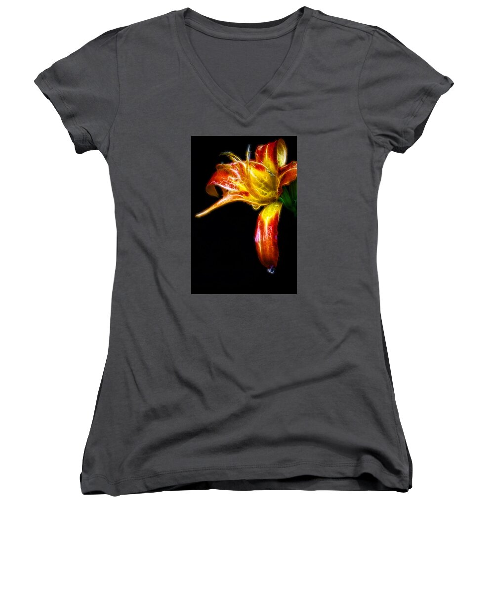 Fractals Women's V-Neck featuring the photograph Liquid Lily by Cameron Wood