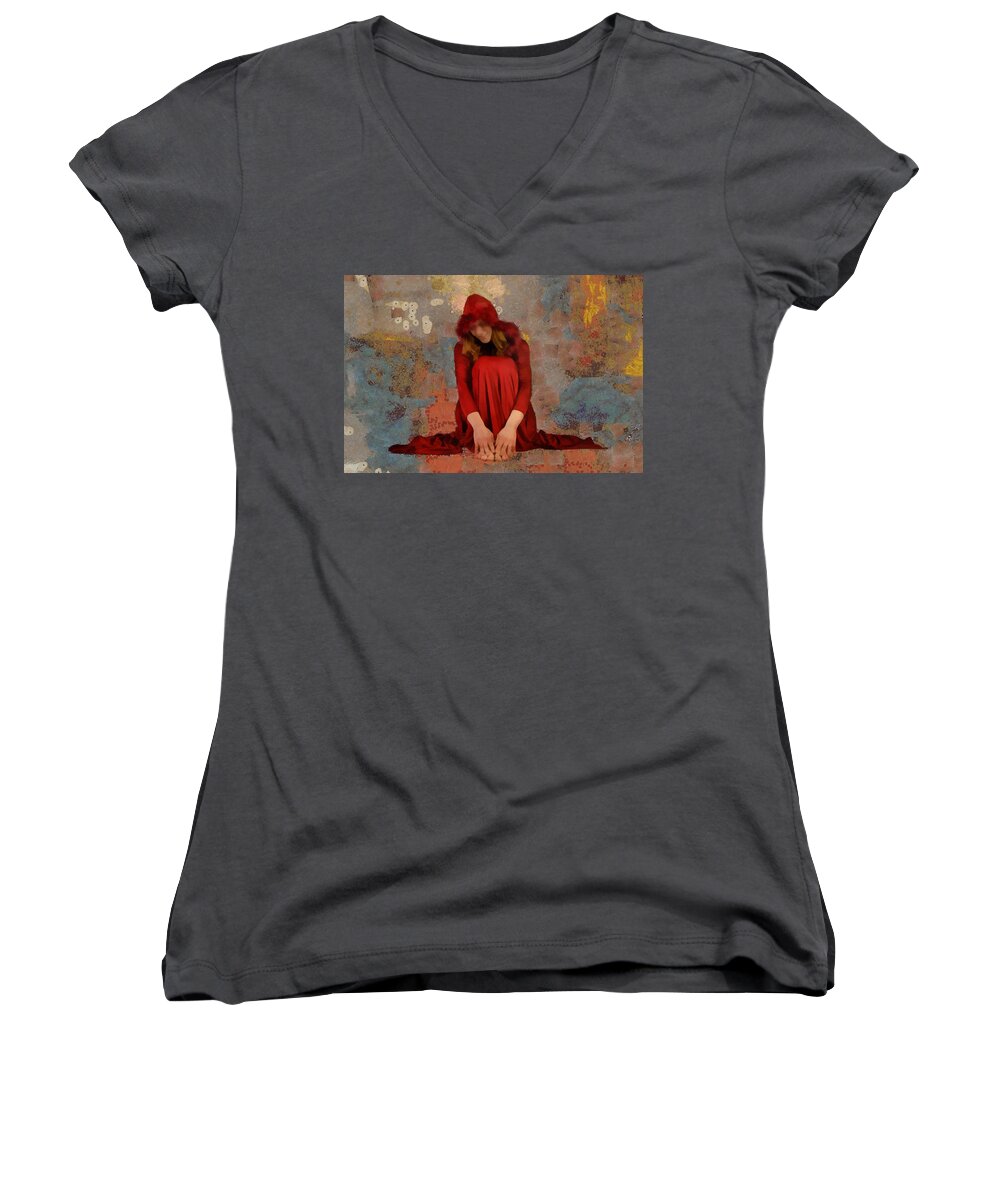 Girl Women's V-Neck featuring the mixed media Little Mel Riding Hood by Trish Tritz