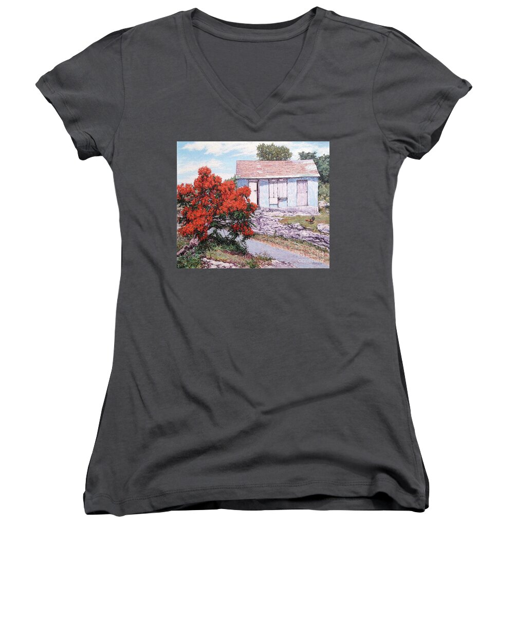 Eddie Women's V-Neck featuring the painting Little Poinciana by Eddie Minnis