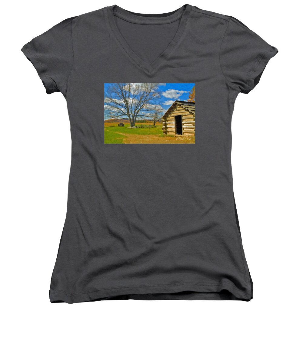 Valley Forge Women's V-Neck featuring the photograph Log Cabin Valley Forge PA by David Zanzinger