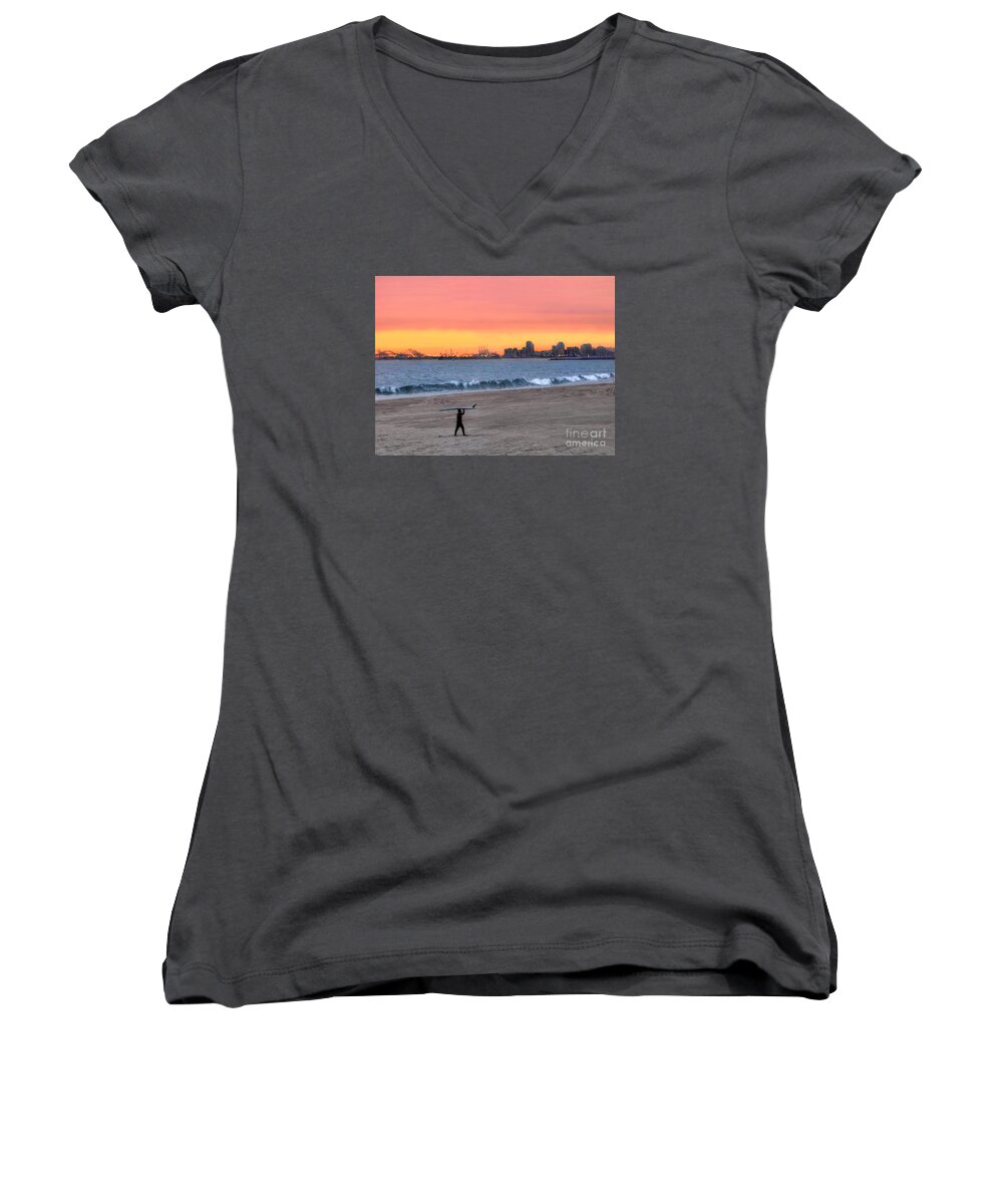 Long Beach Women's V-Neck featuring the photograph Long Beach From Huntington Beac by Jennie Breeze