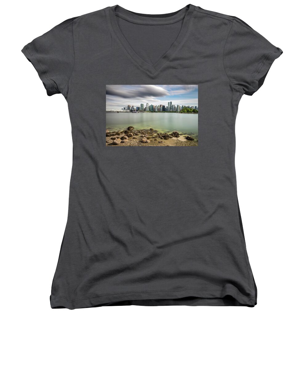 Vancouver Women's V-Neck featuring the photograph Long Exposure of Vancouver City by Pierre Leclerc Photography