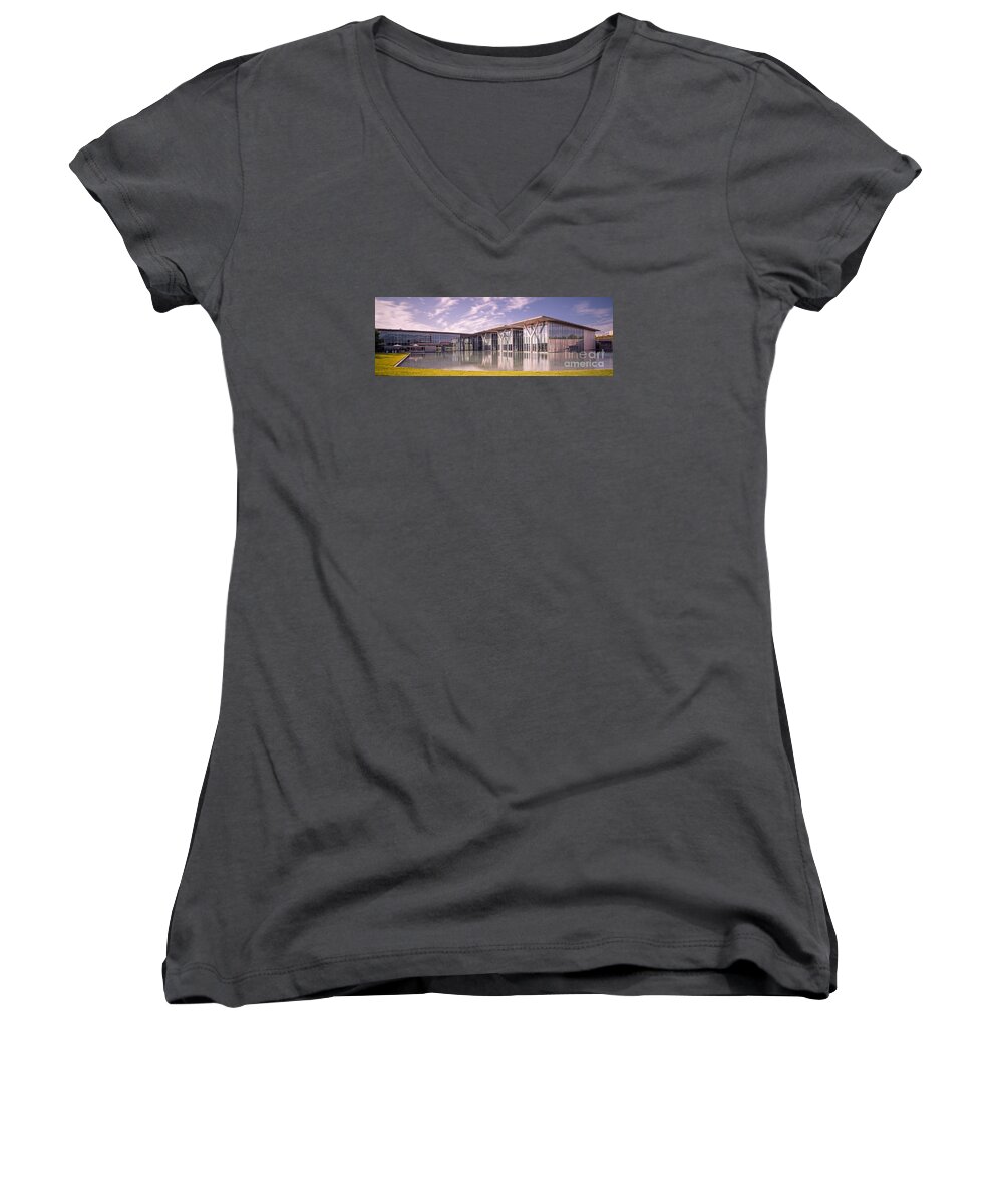 Downtown Women's V-Neck featuring the photograph Long Exposure Panorama of Museum of Modern Art of Fort Worth - Texas by Silvio Ligutti