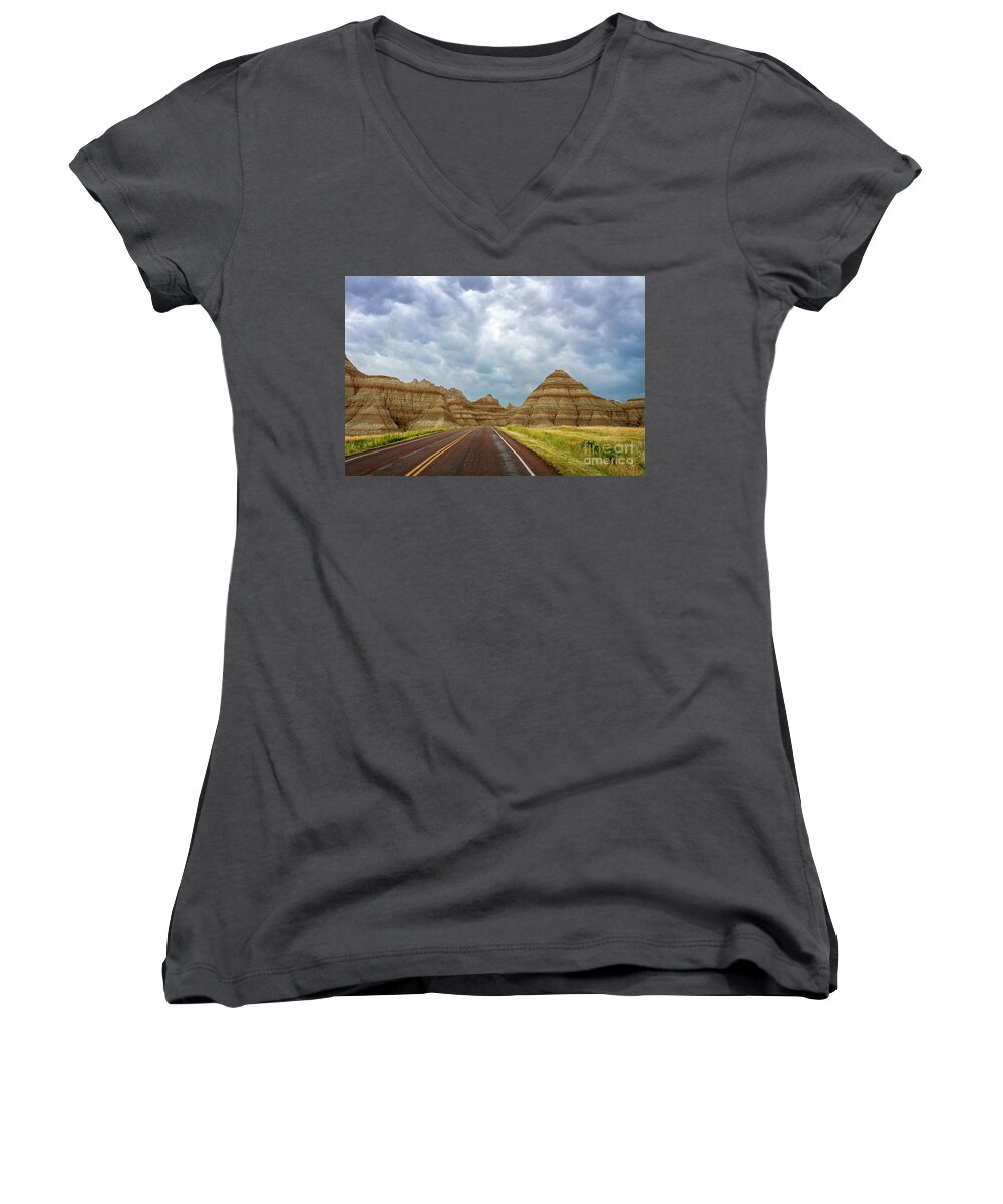 Photography Women's V-Neck featuring the photograph Long Lonesome Highway by Karen Jorstad