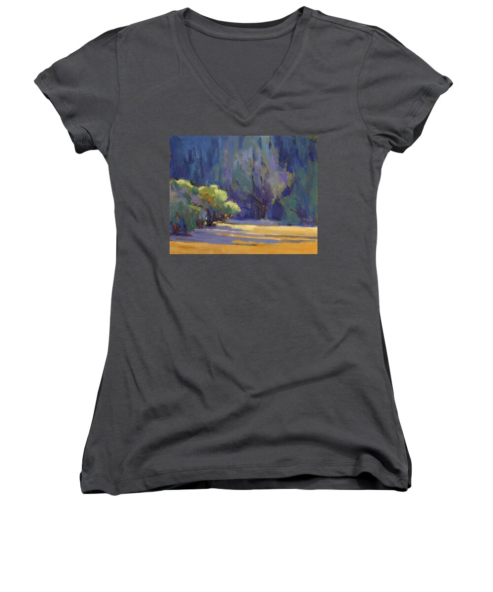 Trees Women's V-Neck featuring the painting Long Shadows by Konnie Kim