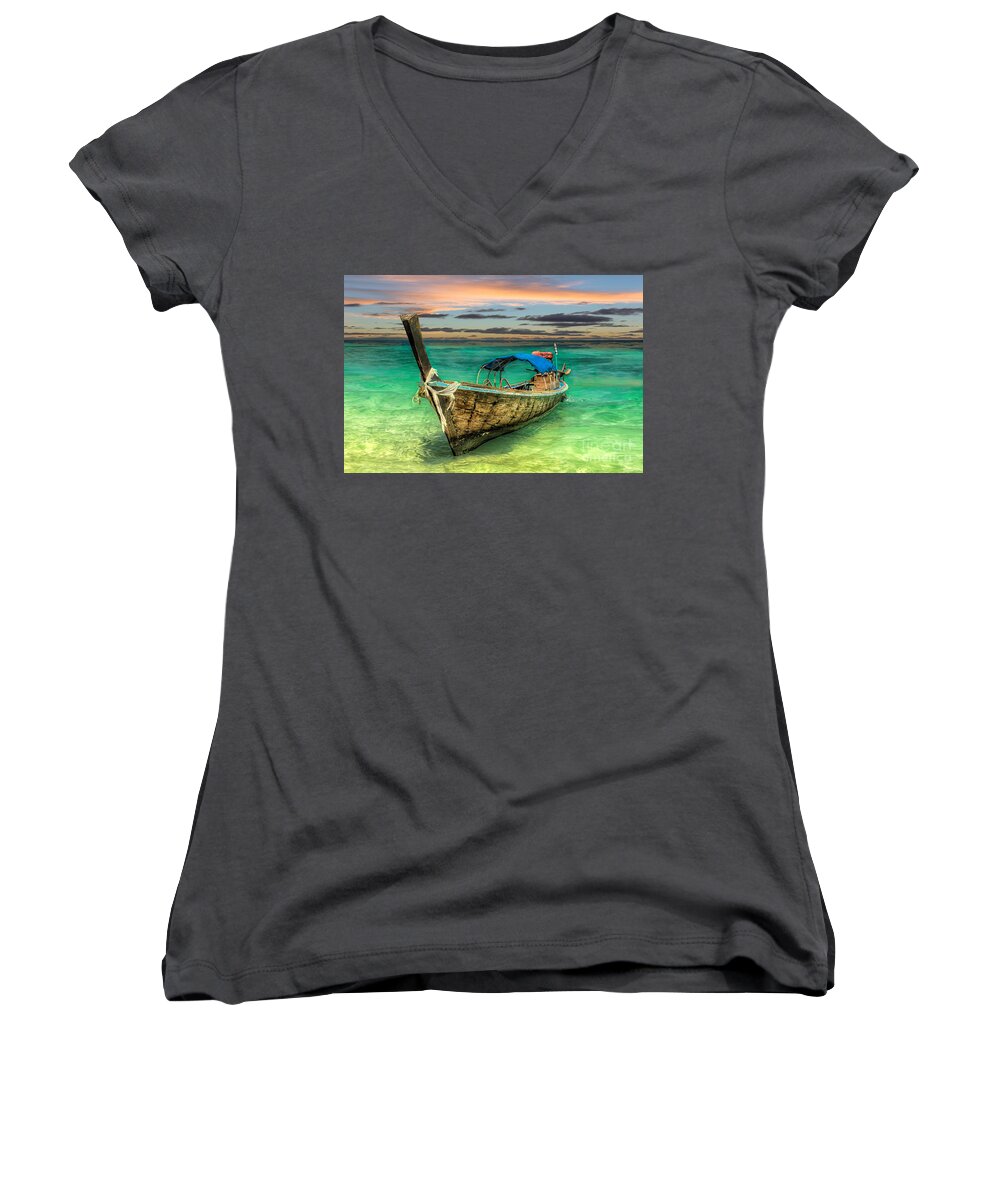 Koh Lanta Women's V-Neck featuring the photograph Longboat Sunset by Adrian Evans