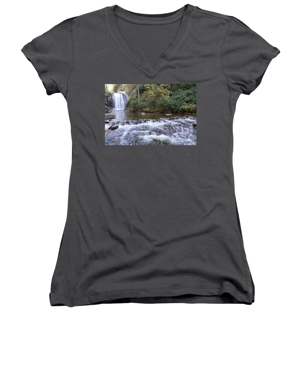 Waterfalls Women's V-Neck featuring the photograph Looking Glass Falls downstream by Allen Nice-Webb