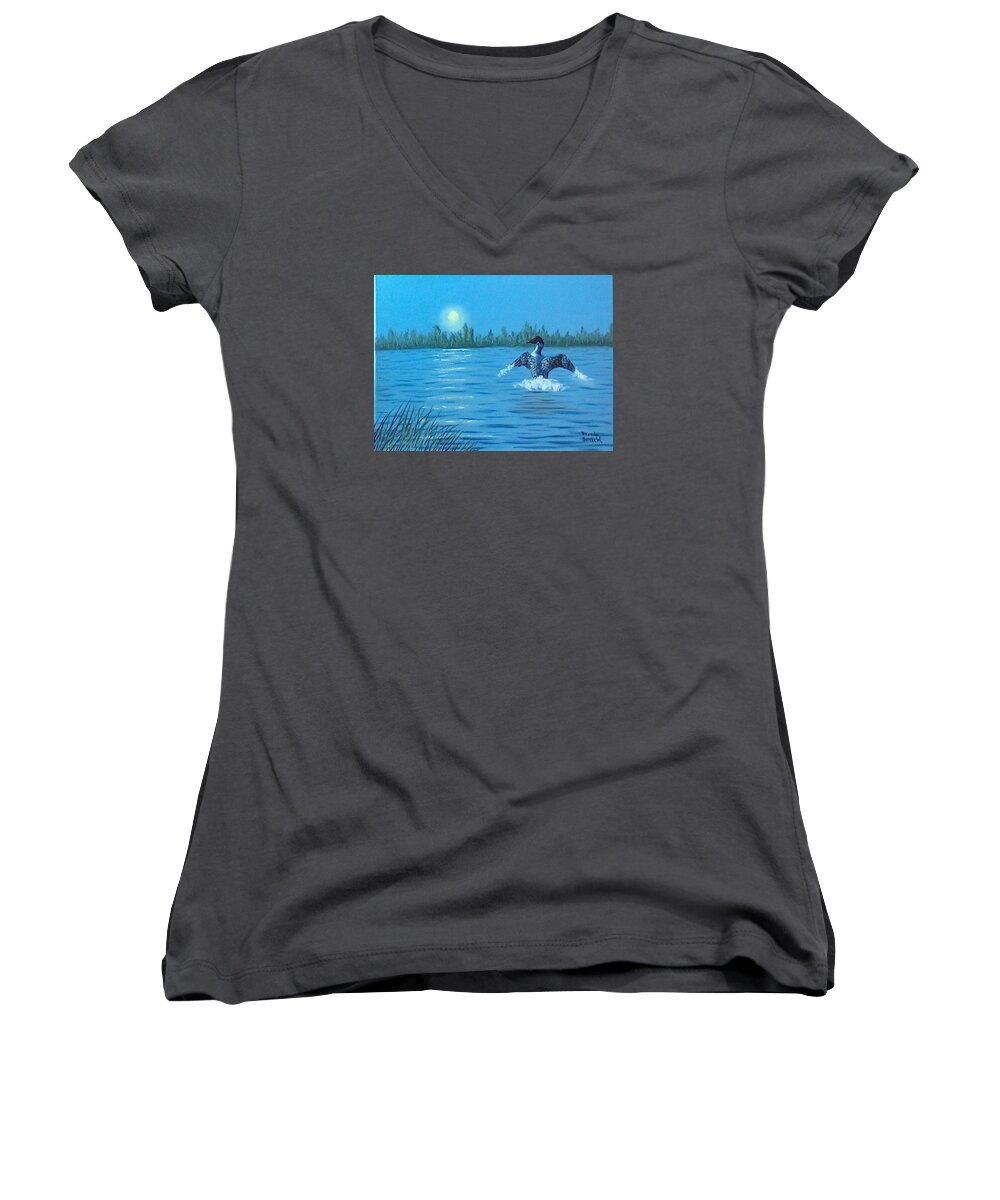 Water Women's V-Neck featuring the painting Loon Dance by Brenda Bonfield