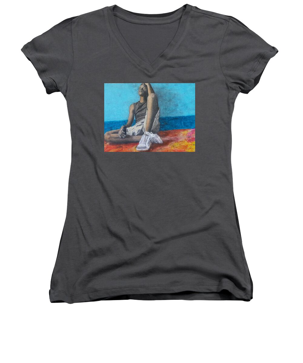 Human Figure Women's V-Neck featuring the drawing Lost Oasis by Cassy Allsworth