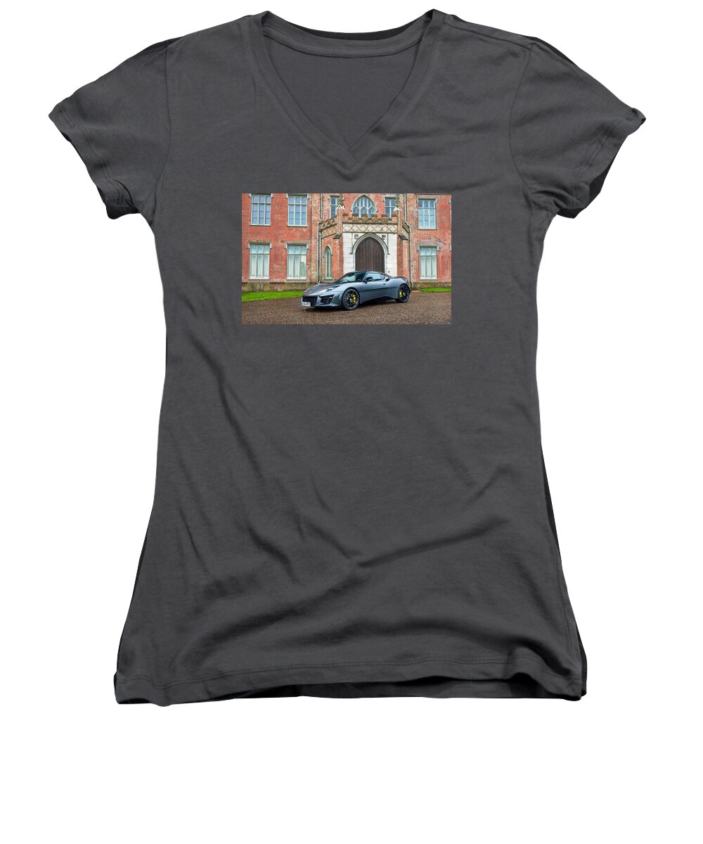 Lotus Evora Women's V-Neck featuring the photograph Lotus Evora by Jackie Russo