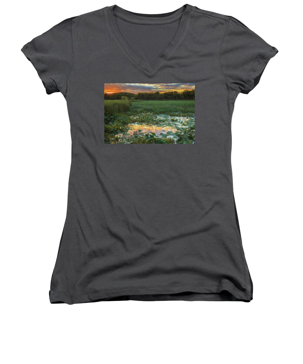 Concord Women's V-Neck featuring the photograph Lotus Sunset Water by Sylvia J Zarco