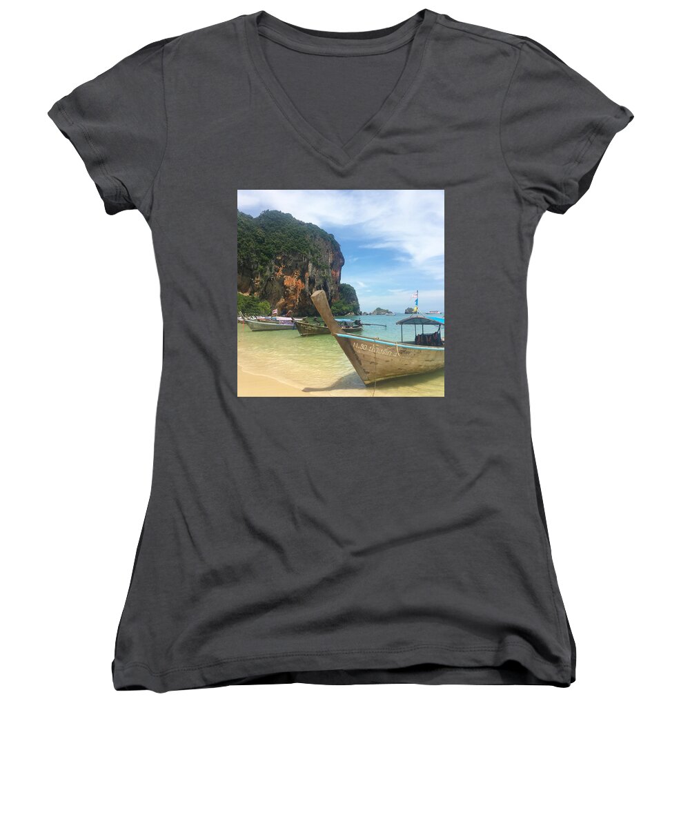 Thailand Women's V-Neck featuring the photograph Lounging Longboats by Ell Wills