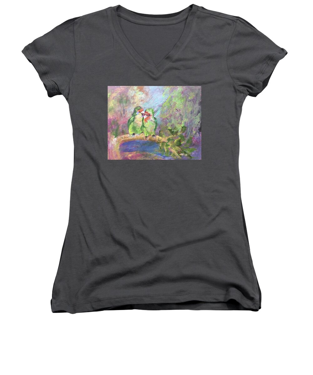 Two Little Lovebirds In A Forest. Women's V-Neck featuring the painting Love Birds by Charme Curtin