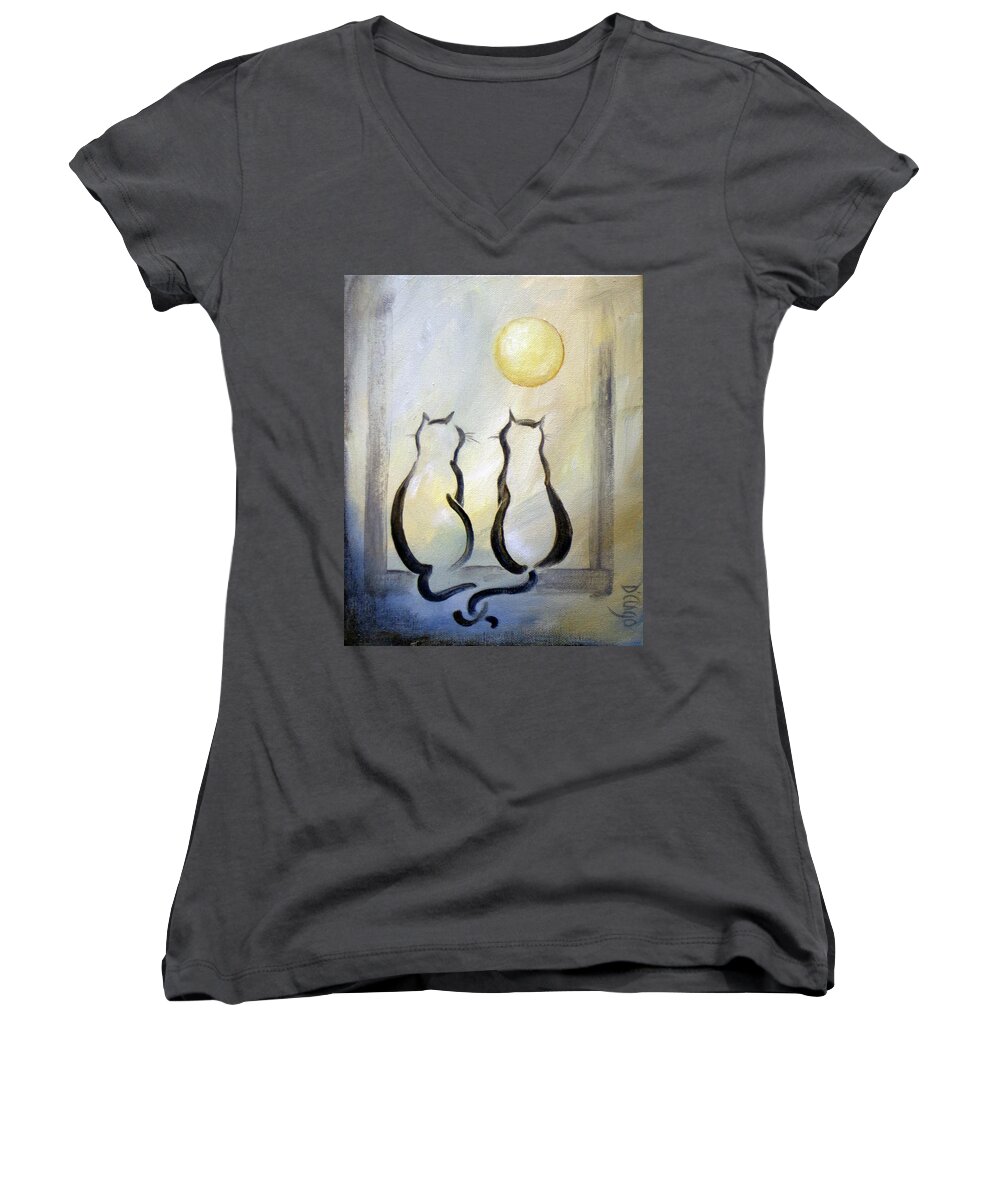 Cat Women's V-Neck featuring the painting Love Moon Cats by Dina Dargo