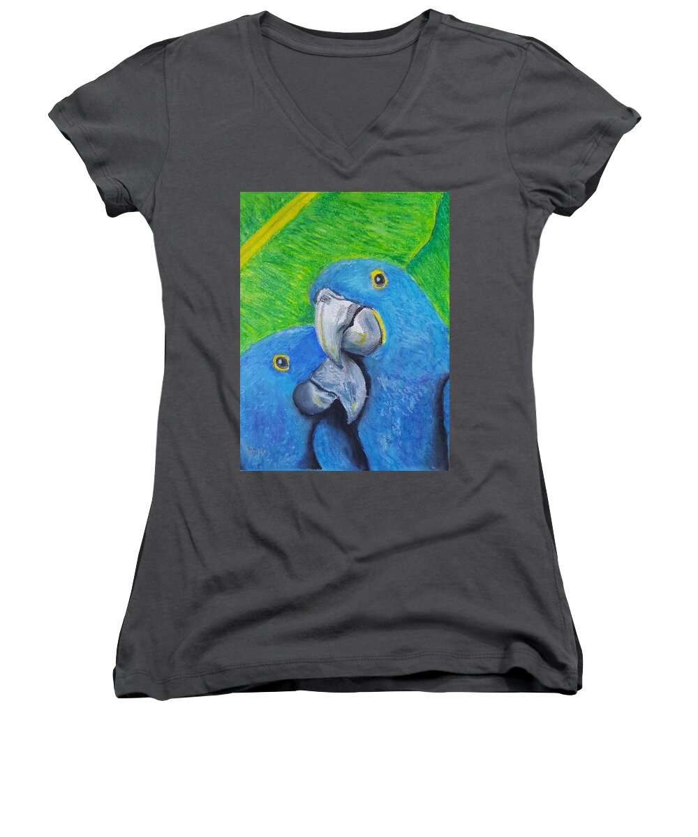 Birds Women's V-Neck featuring the pastel Hyacinth Macaw by Cassy Allsworth