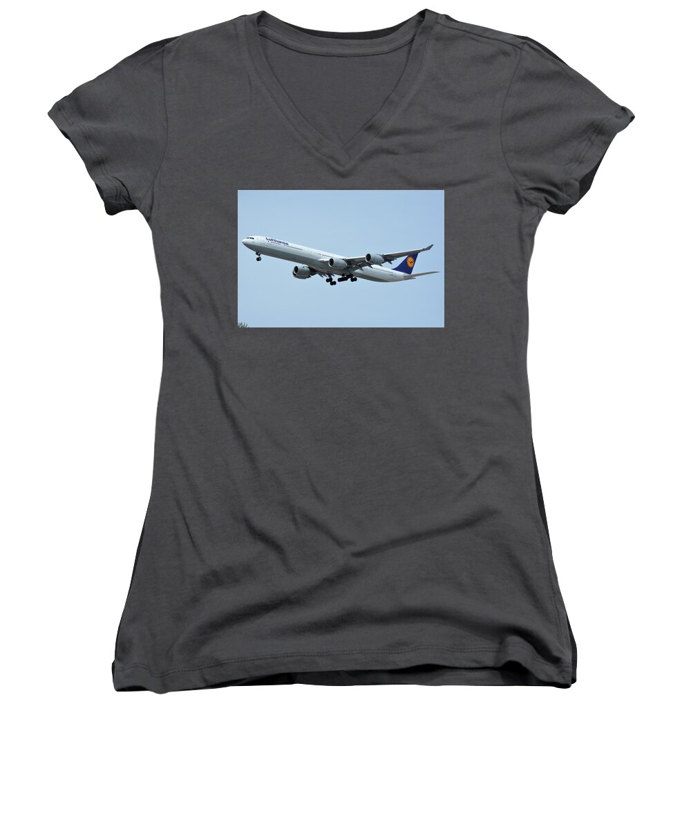 Airplane Women's V-Neck featuring the photograph Lufthansa Airbus A340-600 D-AIHW Los Angeles International Airport May 3 2016 by Brian Lockett