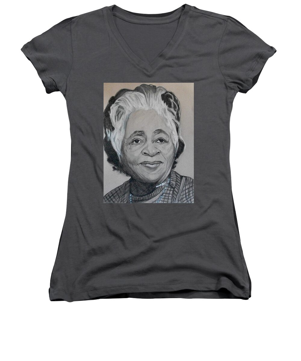Portrait Women's V-Neck featuring the drawing Lula Bannister-Johnson by Michelle Gilmore