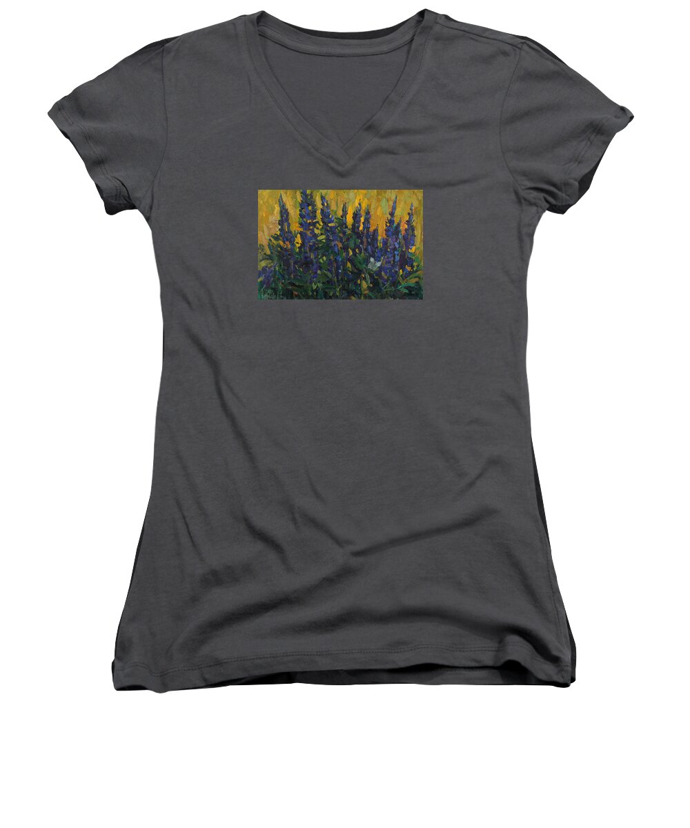 Lupins Women's V-Neck featuring the painting Lupins by Juliya Zhukova
