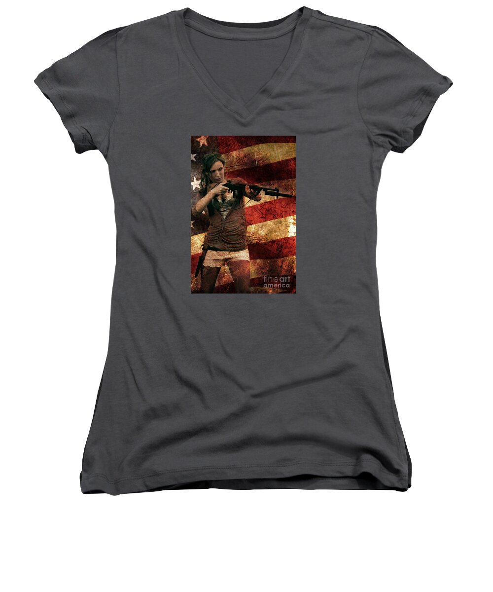 M1 Women's V-Neck featuring the photograph M1 Carbine on American Flag by David Bazabal Studios