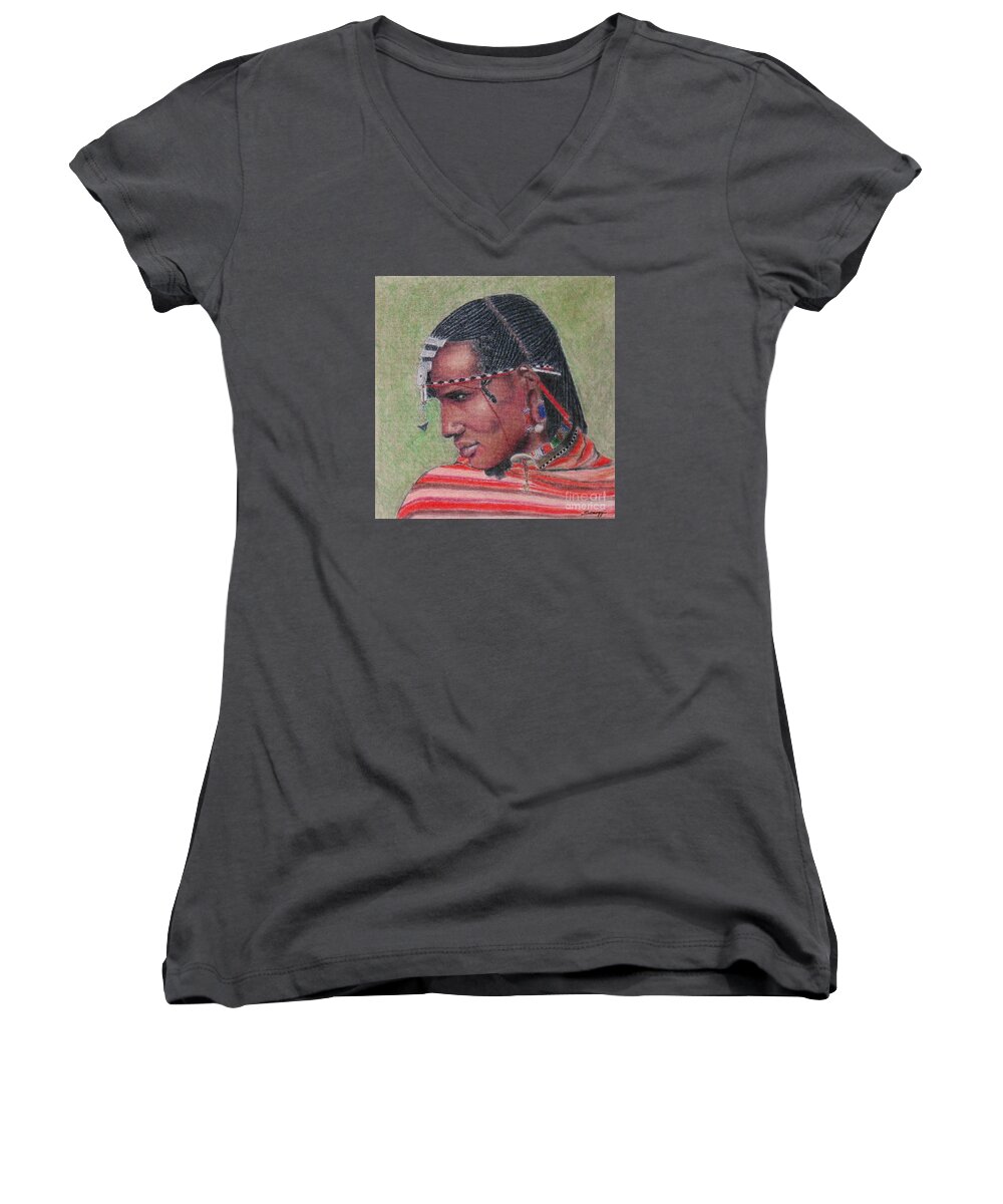 Maasai Women's V-Neck featuring the pastel Maasai Warrior II -- Portrait of African Tribal Man by Jayne Somogy