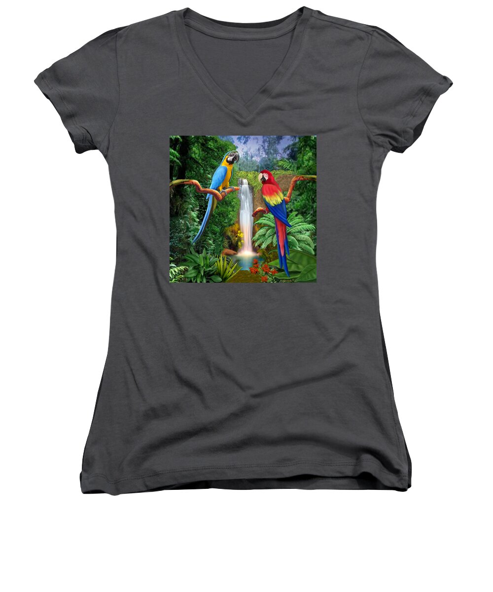 Macaw Tropical Parrots Women's V-Neck featuring the digital art Macaw Tropical Parrots by Glenn Holbrook