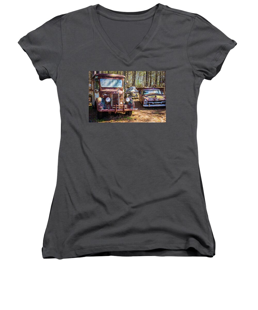 Antique Mack Truck Women's V-Neck featuring the photograph Mack truck and Plymouth by Matthew Pace