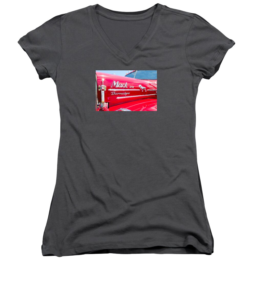 Truck Women's V-Neck featuring the photograph Mack Truck Hood badges by Rudy Umans