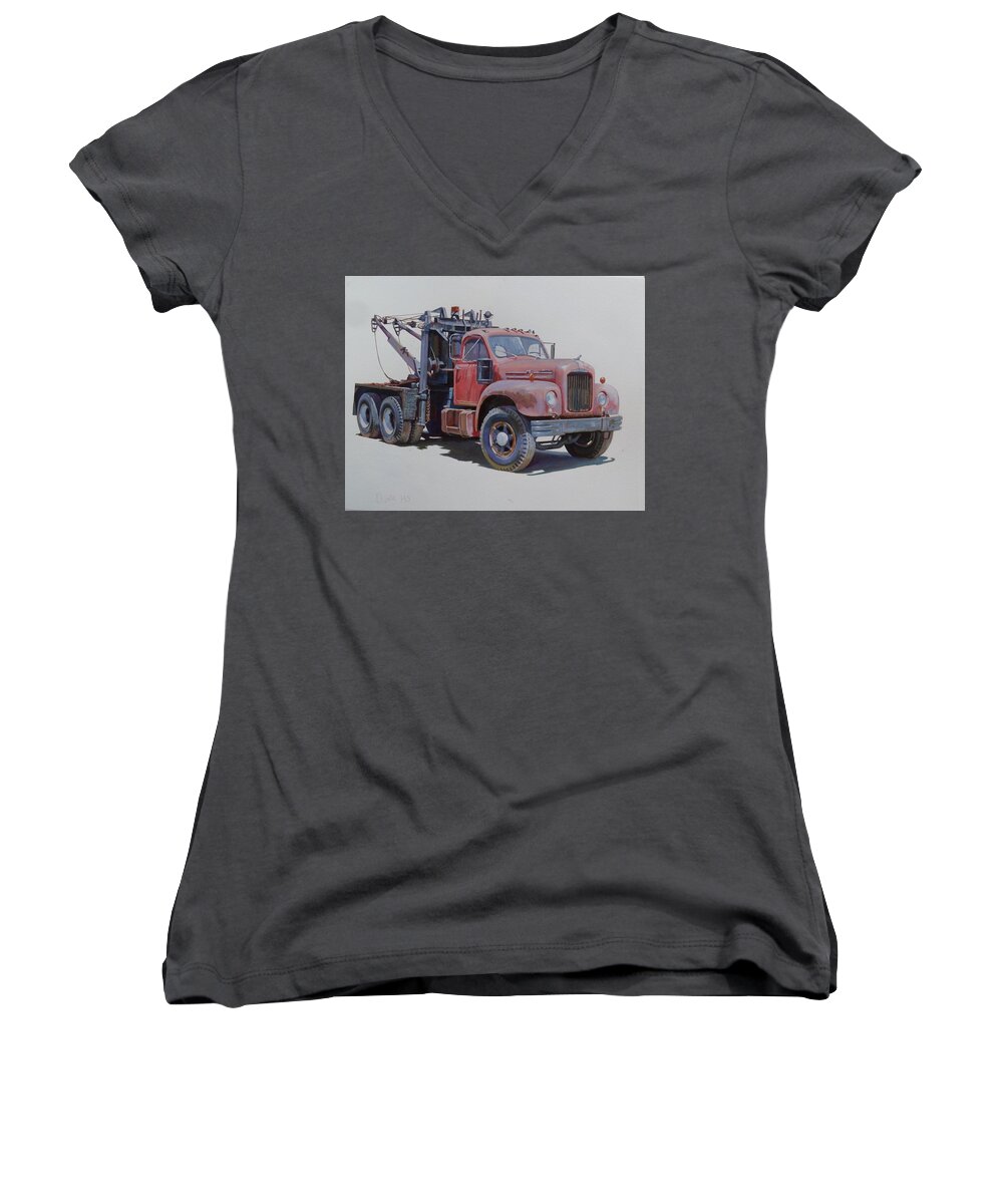 Mack Women's V-Neck featuring the painting Mack wrecker. by Mike Jeffries