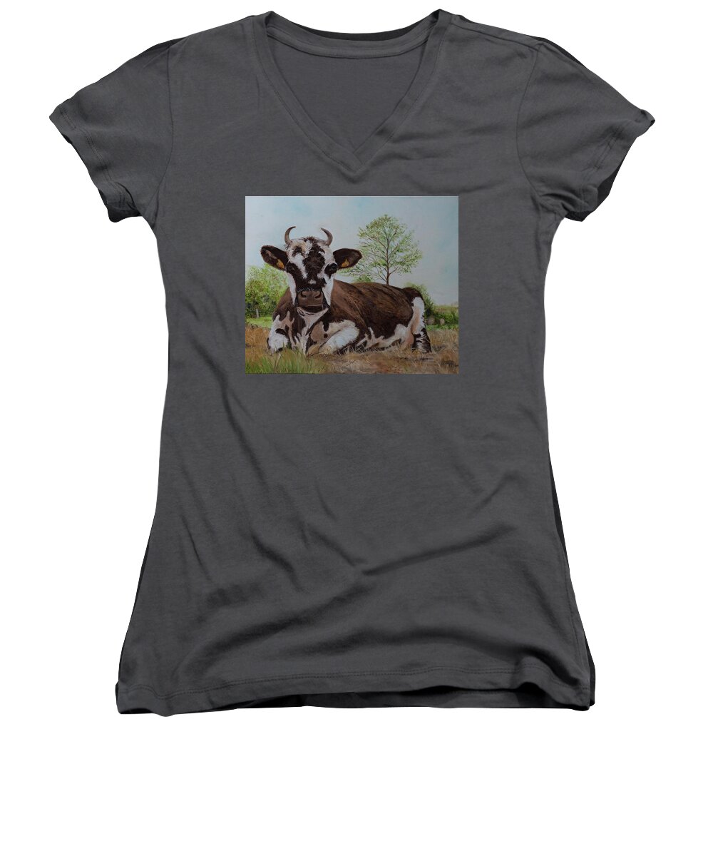 Cow In French Women's V-Neck featuring the painting Madame Vache by Kathy Knopp
