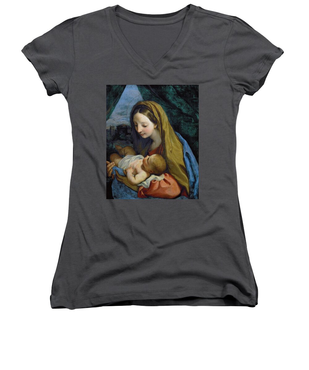 Carlo Maratta Women's V-Neck featuring the painting Madonna and Child by Carlo Maratta