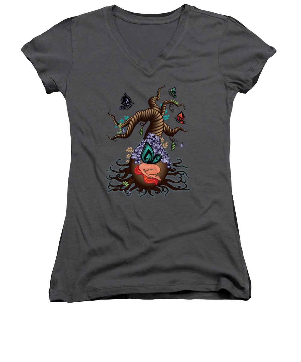Fantasy Art Women's V-Neck featuring the digital art Magic Butterfly Tree by Serena King