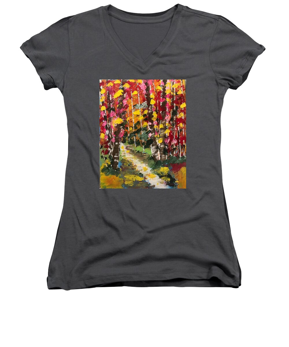 Acrylics Women's V-Neck featuring the painting Magical Forest by Jim McCullaugh