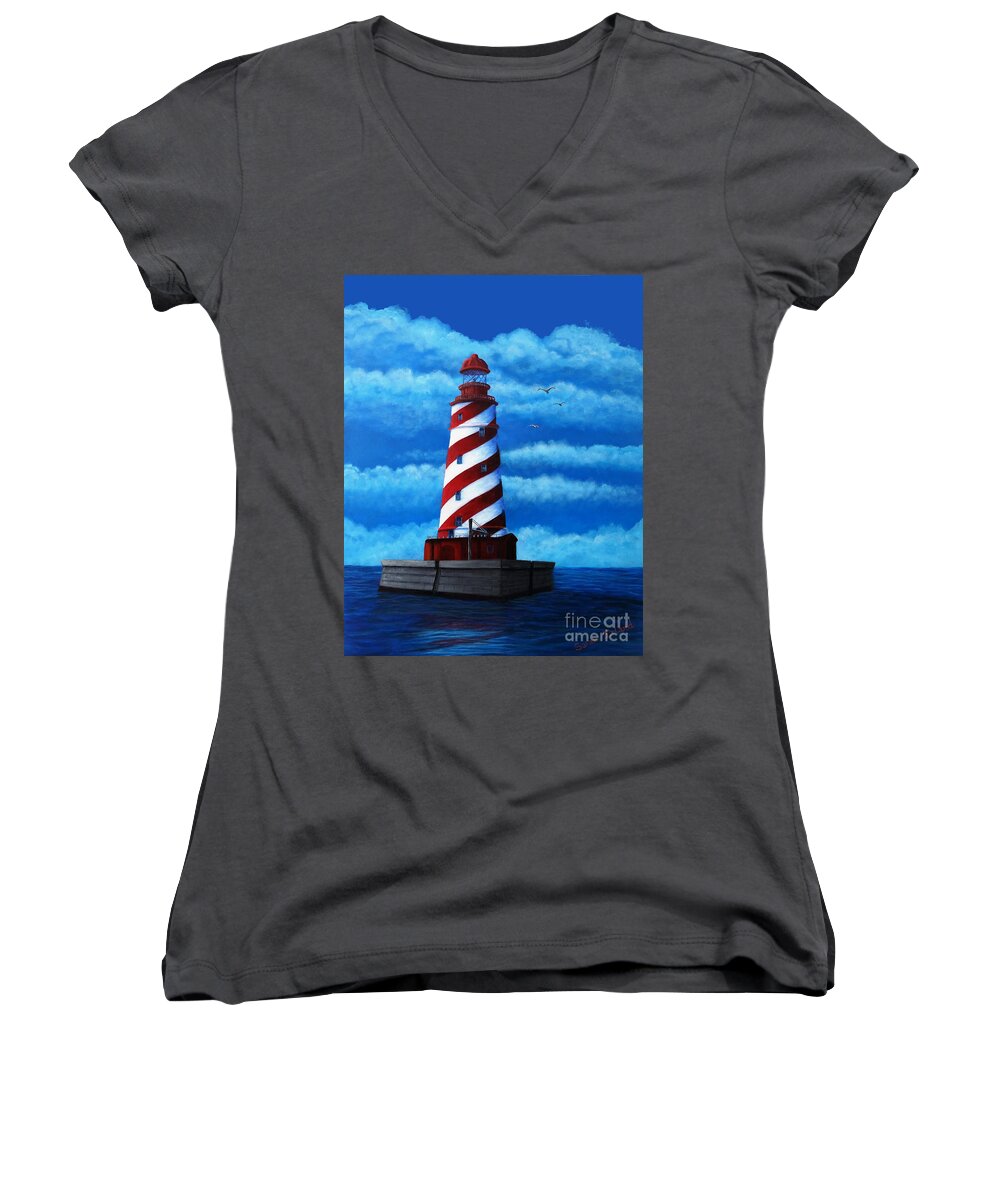 Waterscape Women's V-Neck featuring the painting Magnus's Lighthouse by Sarah Irland