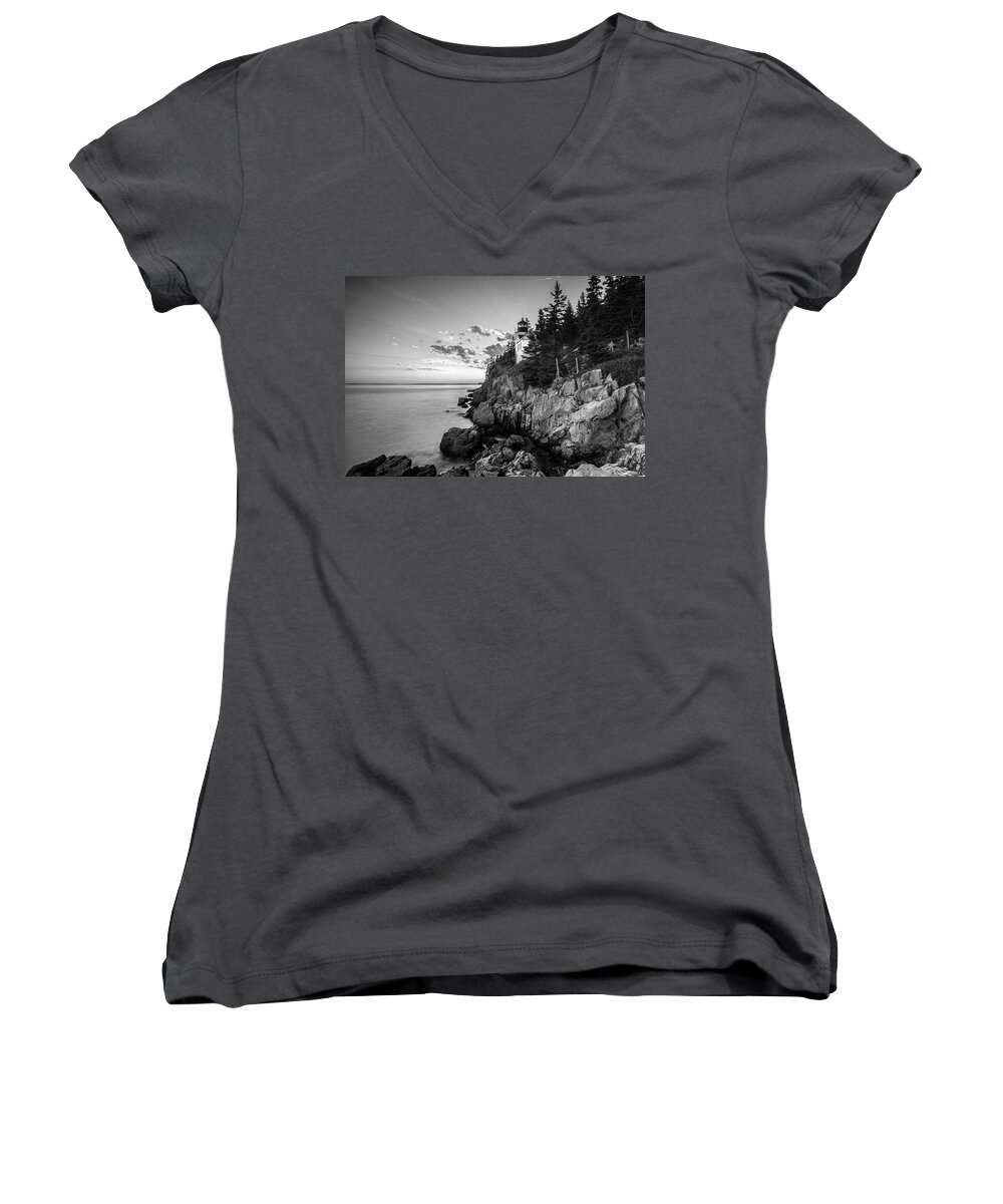 Maine Women's V-Neck featuring the photograph Maine Acadia Bass Harbor Lighthouse in Black and White by Ranjay Mitra